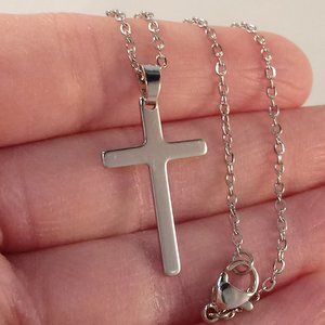 Mens Silver Stainless Steel Smooth Cross Pendant Chain Necklace 18.5" Party Gift